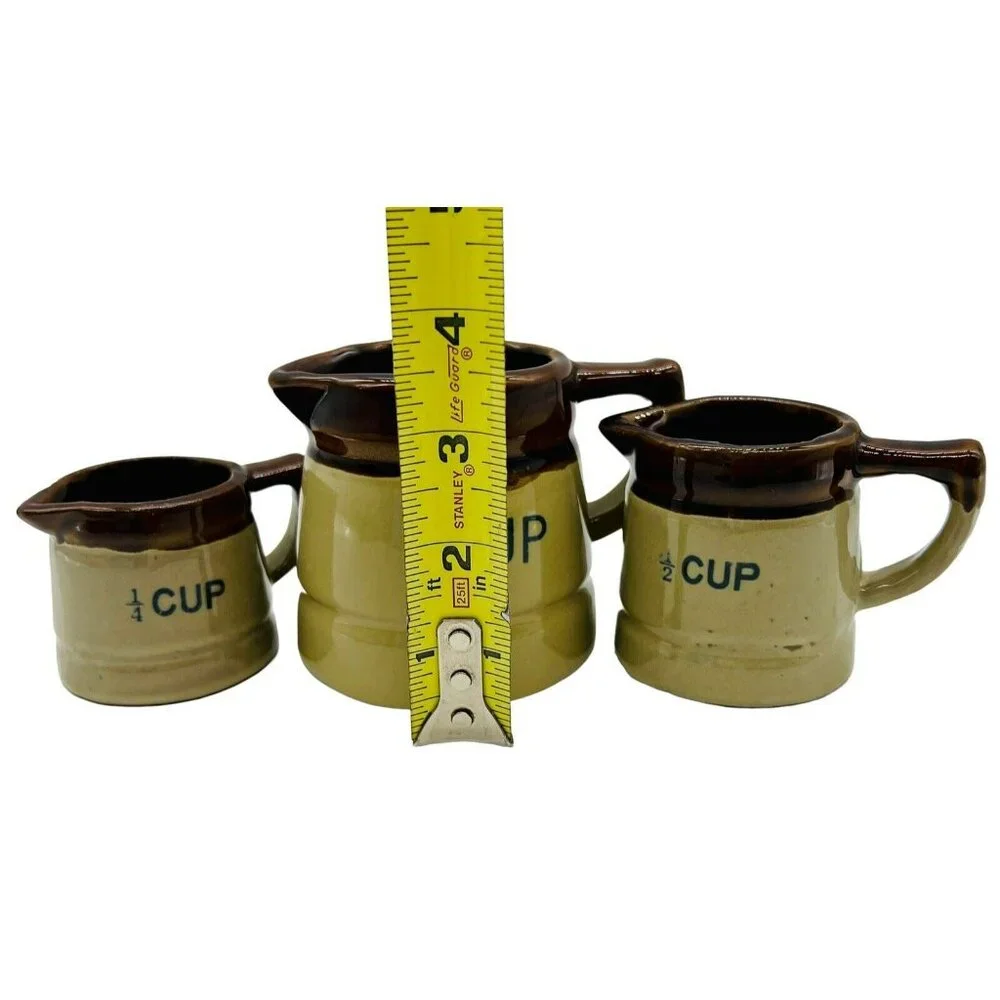 Vintage Stoneware Crock Pitcher Measuring‎ Cup Set of 3 Brown Drip Redware